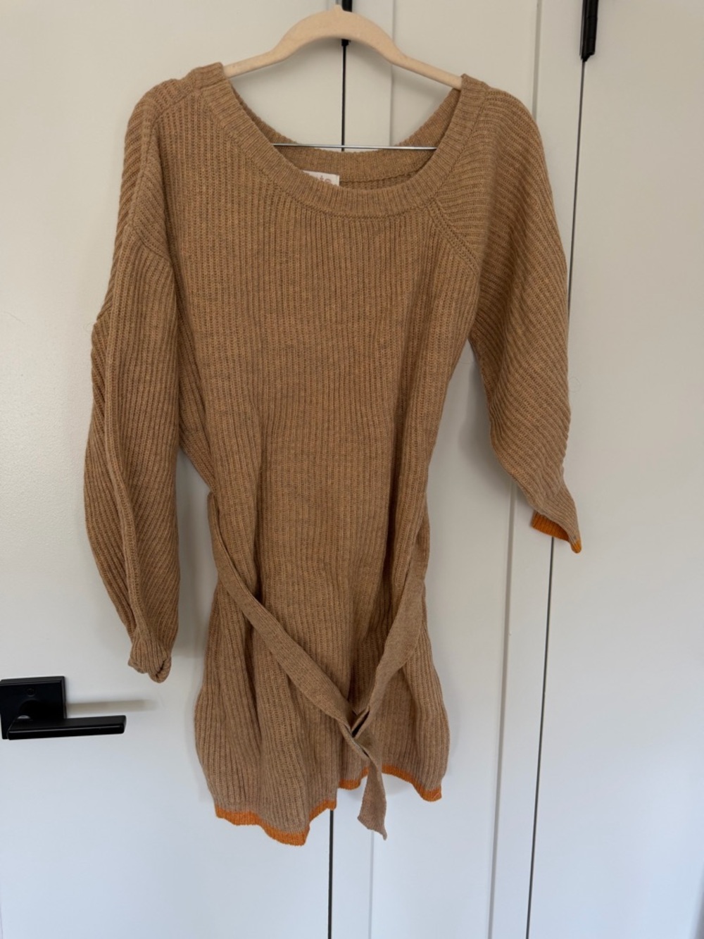 Lulu's Camel Ribbed Long Sleeve Sweater Dress with Orange Trim
